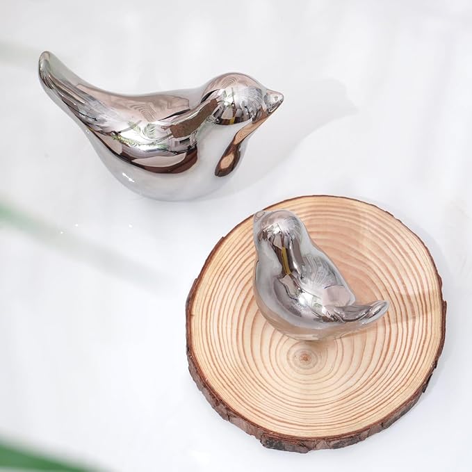 WhimWove 2 Pcs Ceramic Small Bird Figurines Modern Animal Statues for Home 、Room Decor and Bedroom Decor and Bookshelf Display (Silver)
