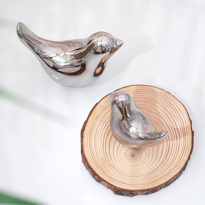 WhimWove 2 Pcs Ceramic Small Bird Figurines Modern Animal Statues for Home 、Room Decor and Bedroom Decor and Bookshelf Display (Silver)