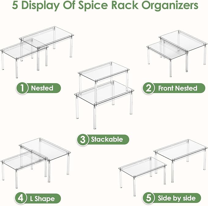 Delamu Cabinet Shelves, Clear Stackable Acrylic Storage Risers with Heavy Duty Support, Cabinet Organizer Shelf for Spices, Seasonings, Jars, Pantry, Kitchen Counter, Easy Assembly