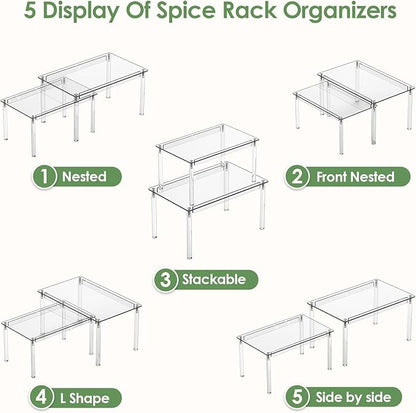 Delamu Cabinet Shelves, Clear Stackable Acrylic Storage Risers with Heavy Duty Support, Cabinet Organizer Shelf for Spices, Seasonings, Jars, Pantry, Kitchen Counter, Easy Assembly