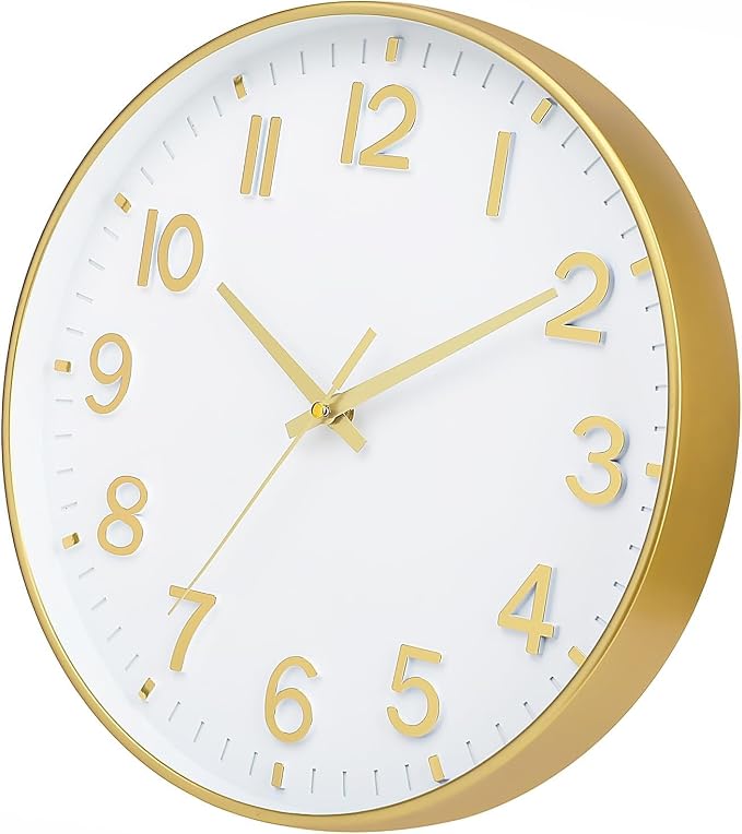 HZDHCLH Wall Clocks Battery Operated,Wall Clock White Gold,8 inch Wall Clock Silent Non Ticking Modern 3D Numbers for Office Kitchen Classroom Bedroom Living Room Decor