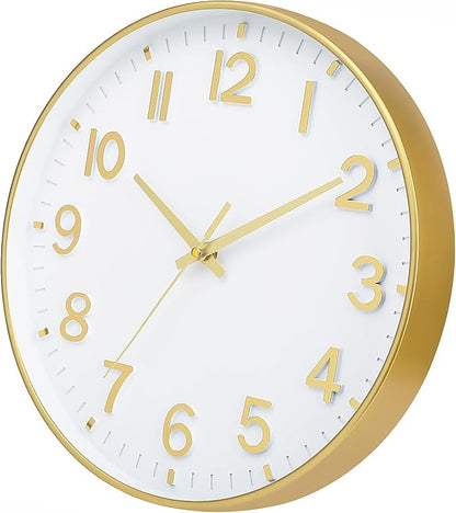 HZDHCLH Wall Clocks Battery Operated,Wall Clock White Gold,8 inch Wall Clock Silent Non Ticking Modern 3D Numbers for Office Kitchen Classroom Bedroom Living Room Decor