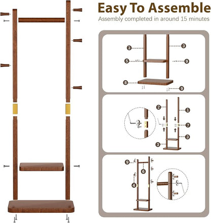 Taitiy Solid Wood Coat Rack, Freestanding Clothing Rack with 2 Shelves Storage & 5 Hooks, Heavy Duty Clothes Rack Stand for Hall, Bedroom, Living Room