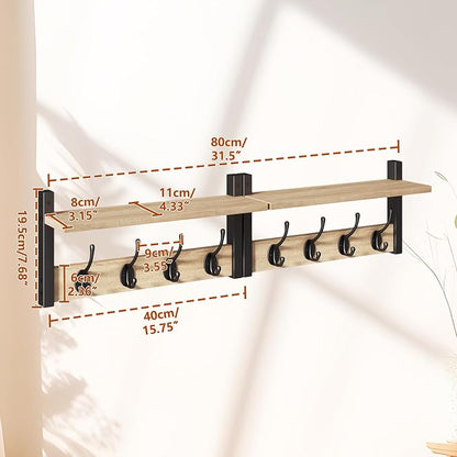 YMYNY 31.5" Coat Rack Wall Mount with Shelf, 2 in 1 Key and Coat Hanger with 8 Metal Hooks, Wall Shelf with Hooks & Mail Holder for Living Room, Bedroom, Light Natural, HWS001R-2