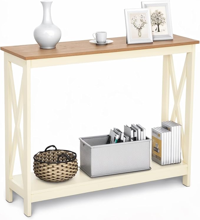MAISON ARTS Console Table 39.4'', 2-Tier Narrow Sofa Table Behind Couch, Farmhouse Entryway Table with Storage for Living Room, Entrance and Hallway, Easy Assembly, Ivory White