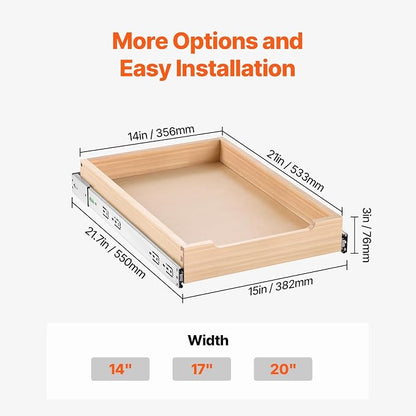 VEVOR Pull Out Cabinet Organizer, 14"W x 21"D Cabinet Drawer, Soft Close Slide out Shelf, Heavy-Duty Sliding Wood Drawer, Bottom Mount Size（14.5"W x 23"D）and Side Mount Size（15"W x 23"D）