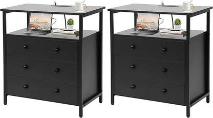 3 Wooden Drawers Nightstand, 27 Inch Wide Night Stand Set 2 with Charging Station and Adjustable Drawers, Small Dresser for Closet, Bedside Table for Living Room/Bedroom/Office, Black.