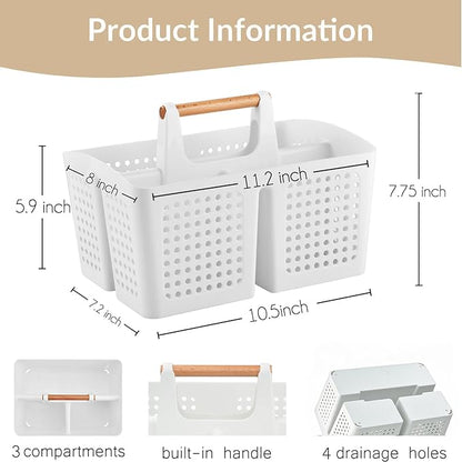 Portable Shower Caddy Basket with Compartments, Plastic Divided Cleaning Caddy Organizer Storage Tote with Handle for Bathroom, College, Dorm Room Essentials, White
