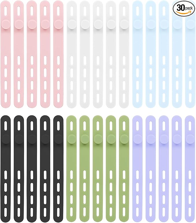 Donruby 30Pcs Silicone Cable Ties - Reusable & Washable with Locking Buckles, Adjustable Fastening Cable Management Straps, Multi-Purpose High Elasticity Cord Organizer (6 Colors)