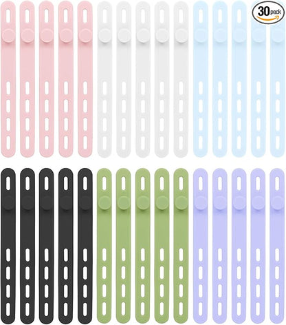Donruby 30Pcs Silicone Cable Ties - Reusable & Washable with Locking Buckles, Adjustable Fastening Cable Management Straps, Multi-Purpose High Elasticity Cord Organizer (6 Colors)