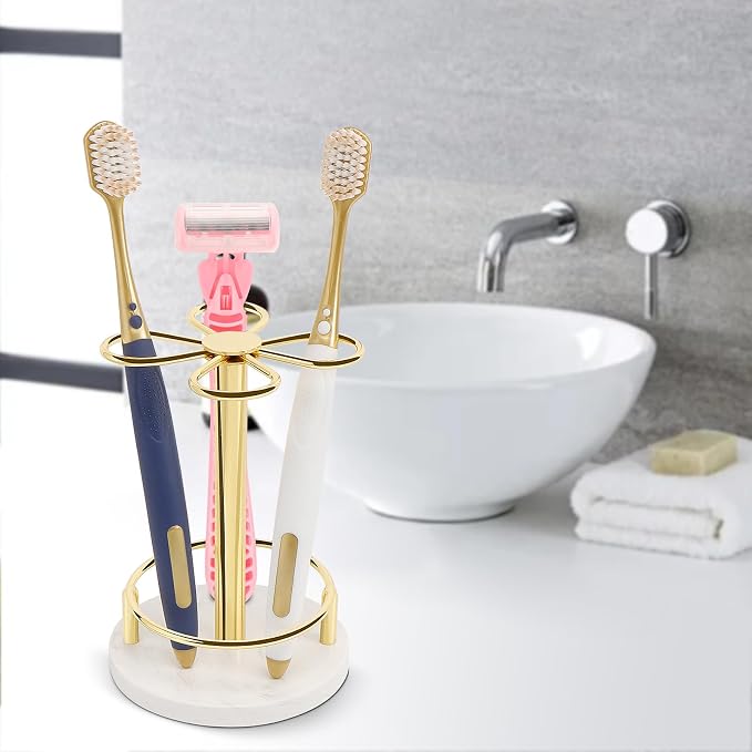 Toothbrush Holder Stand for Bathroom, Metal Toothbrush Organizer with Marble Base, Toothbrush Storage Collection for Family, Suitable for Home Hotel Countertop Vanity (Small, Gold)