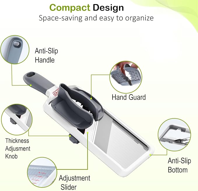 Mandoline Slicer for Kitchen – Adjustable Stainless Steel Blades, with Comfort Grip – Vegetable Slicer for Small to Medium sized Cucumber, Onion, Potato – Gray