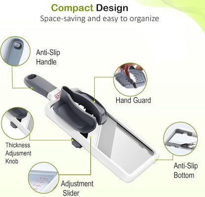 Mandoline Slicer for Kitchen – Adjustable Stainless Steel Blades, with Comfort Grip – Vegetable Slicer for Small to Medium sized Cucumber, Onion, Potato – Gray