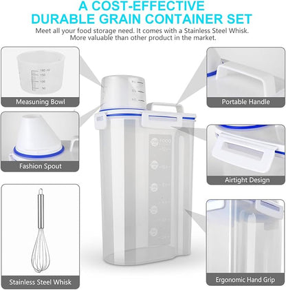 Uppetly Rice Airtight Dry Food Storage Containers, BPA Free Plastic Sealed Holder Bin Dispenser with Pouring Spout, Measuring Cup for Cereal, Flour and Oatmeal, Include a Stainless Steel Whisk