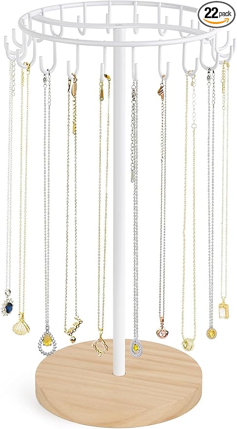 Mkono Necklace Holder Metal Jewelry Display Stand Necklace Organizer with 22 Hooks for Storage and Hanging Bracelet Keychain Home Room Decor for Women,White
