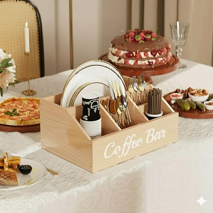 Coffee Station Organizer for Countertop – Wooden Coffee Bar Organizer with Adjustable Dividers,Holds K Cup Pod & syrup bottles, for Kitchen, Office, or Bar and Tea Station, Wood Color