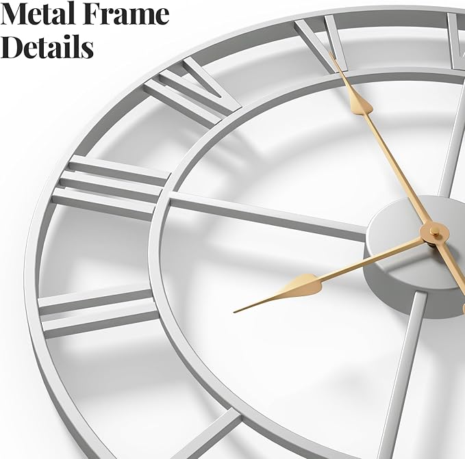 Cuspin 16 inch Wall Clock, Modern Decorative Clock Battery-Operated Silent Non Ticking, Silver Metal Round Clock Roman Numeral Analog for Living Room, Kitchen, Bedroom, Office, Home Decor