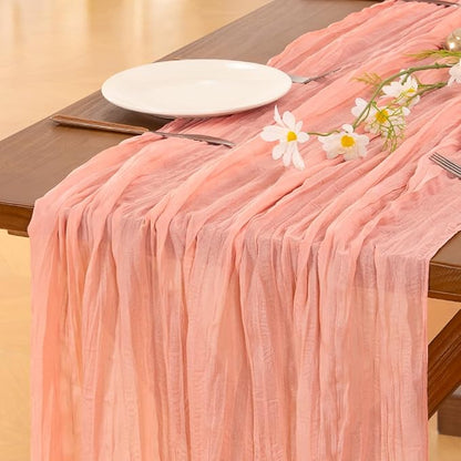 Socomi 6pcs Coral Peach Valentine's Day Cheesecloth Table Runner Boho Rustic Gauze 120 inch 10FT Cheese Cloth Runner for Wedding Party Baby Shower Birthday Home Decor Holiday Decorations