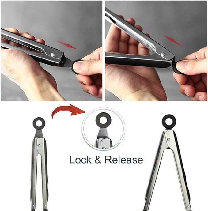 12 Inch Stainless Steel Silicone Serving Tongs with Locking Handle (Black)