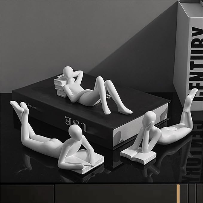 LINZHEN Style-A White Thinker Reads Book Decoration Reader Bookend for Home Aesthetic, Study, and Wine Cabinet – Stylish Shelf Decor Accent and Thoughtful Gift for Living Room, Bar, or Coffee Shop