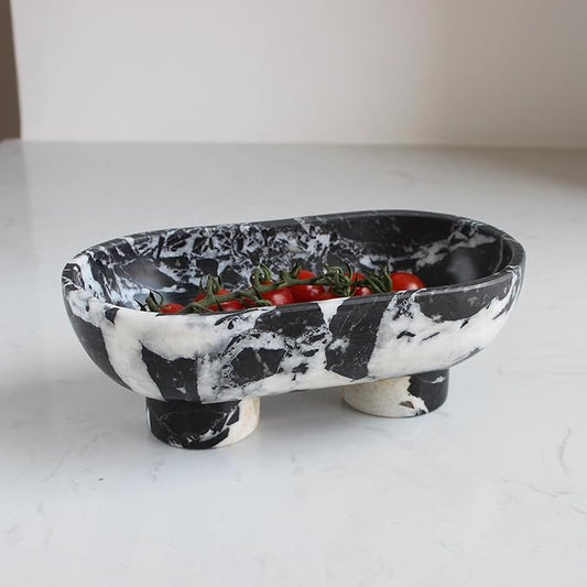 Nawgnail Natural Oval Calacatta Black Marble Fruit Bowl for Kitchen Counter 10", Large Decorative Bowl Two-Legs for Home Decor, Fruits Holder For Dining Table - Kitchen Organization
