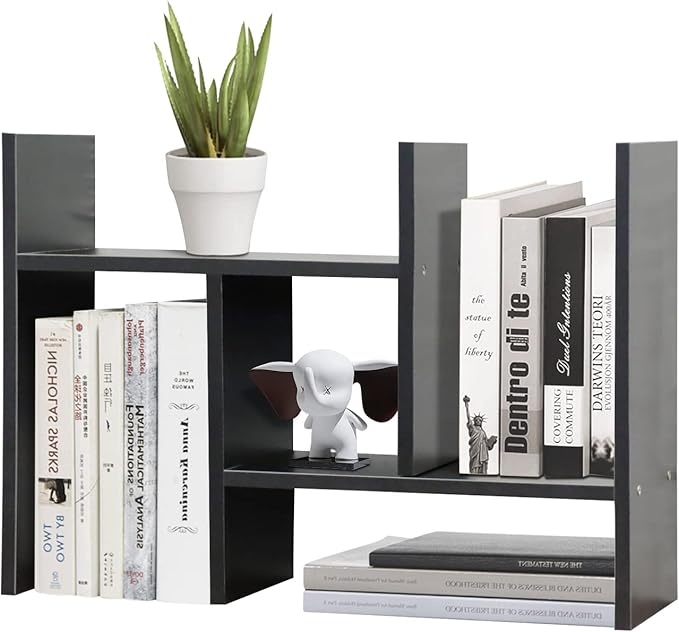 TY ARTS & CULTURE - Expandable Wood Desktop Storage Organizer Multipurpose Desk Bookshelf Display Shelf Rack Counter Top Bookcase for Office Home | Black