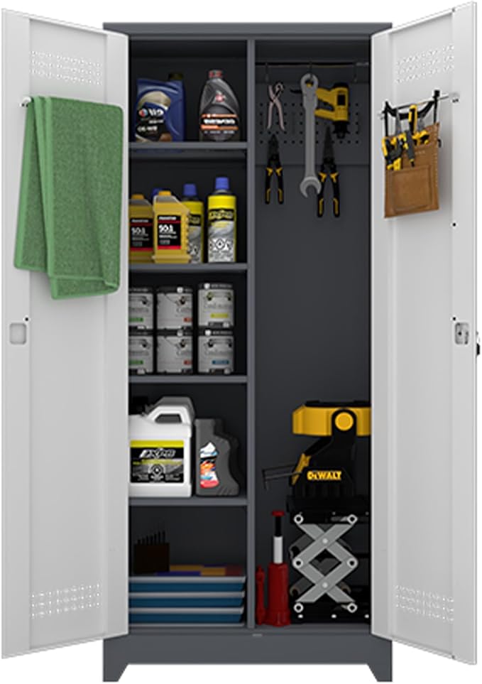 Metal Storage Cabinet,Broom Closet Storage Cabinet with Adjustable Shelves,Tall Utility Cabinet with Pegboard,Locking Storage Cabinets for Garage,Laundry,Basement,Grey-White