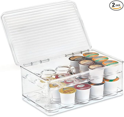iDesign 2-Tier Coffee Pod Holder Lidded Bin, Plastic Pantry and Kitchen Storage, The Linus Collection – 7.25" x 10.75" x 4.25", Clear