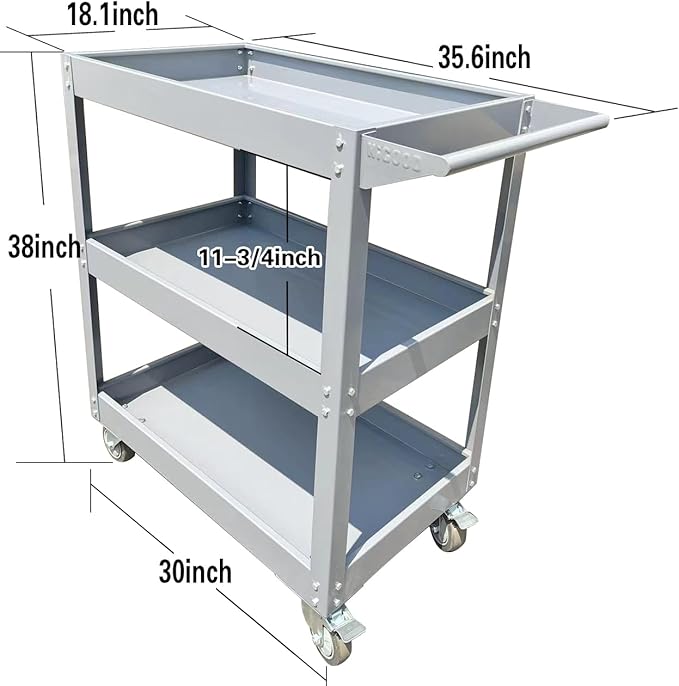 HIGOOD Heavy Duty Service Utility Cart,3 Shelf Steel, 800-Pound Capacity, 35.6 x 18.1x38-Inch