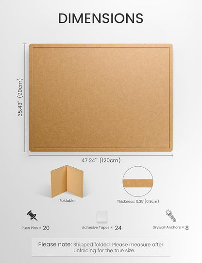 Fluxynara Large Bulletin Board, 47.2" x 35.4"Cork Board Alternative with 24 Safe Removable Adhesive Tabs, Foldable Felt Pin Board for Home Office, Classroom, Bedroom,Entryway for Walls— Mustard Yellow