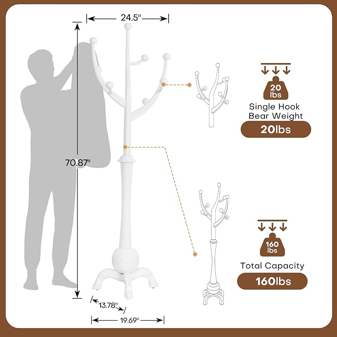 Wooden Coat Rack Freestanding with 8 Hooks, Heavy Duty Coat Hanger Stand with Stable Base, Vintage Coat Tree Standing Coat Racks for Entryway, Hallway, Bedroom (White)