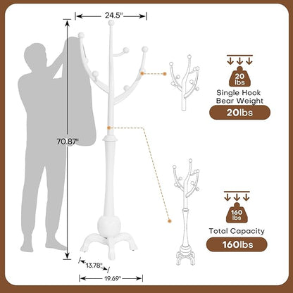 Wooden Coat Rack Freestanding with 8 Hooks, Heavy Duty Coat Hanger Stand with Stable Base, Vintage Coat Tree Standing Coat Racks for Entryway, Hallway, Bedroom (White)
