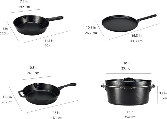 Amazon Basics Pre-Seasoned Cast Iron 5-Piece Cookware Set, Oven Safe, Cooks Evenly, 14.17 x 12.2 x 10.63 in, Black