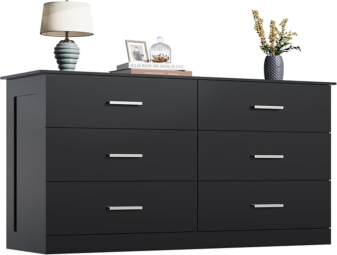 WLIVE Wood Dresser for Bedroom, Black 53'' Wide Chest of Drawers with 6 Drawer, Oak Furniture Large Storage Tower Unit, Closet Store Organizer for Living Room, Hallway, TV Stand, Modern Minimalist
