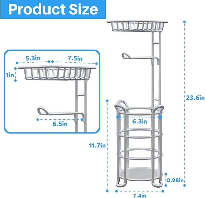 Toilet Paper Holder Stand with Shelf for Phone, Free Standing Tissue Roll Storage and Dispenser Rack for 4 Mega Rolls, Silver Gray