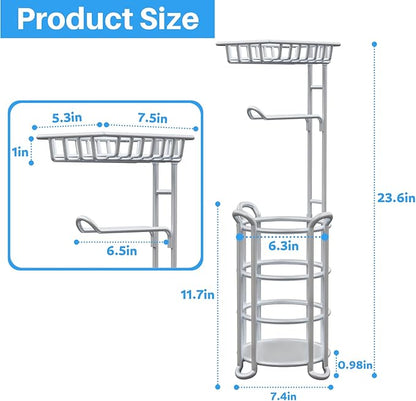 Toilet Paper Holder Stand with Shelf for Phone, Free Standing Tissue Roll Storage and Dispenser Rack for 4 Mega Rolls, Silver Gray
