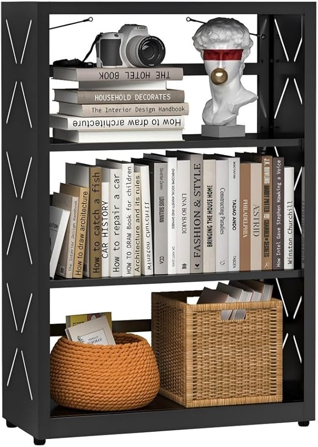 METALOONG Metal Book Shelf, 3-Tier Adjustable Bookcase with Anti-Tip Kit & Leveling Feet, Heavy-Duty Metal Storage Organizer, Modern Corner Shelves for Bedroom, Garage, Home Office