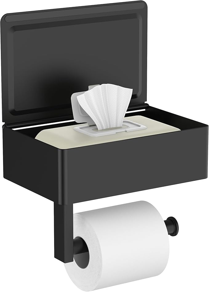 FORIOUS Toilet Paper Holder with Shelf, Sanitary Napkin Receptacle Tampon Holder, Wall Mount Toilet Paper Holder with Storage, Flushable Wipes Dispenser Fits for Bathroom Commercial(1, Matte Black)