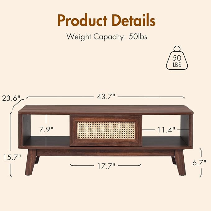 Soohow Coffee Table, Mid Century Living Room Tables with Storage, Modern Square with Rattan Drawer, Wooden Living Room Table with Solid Wood Leg