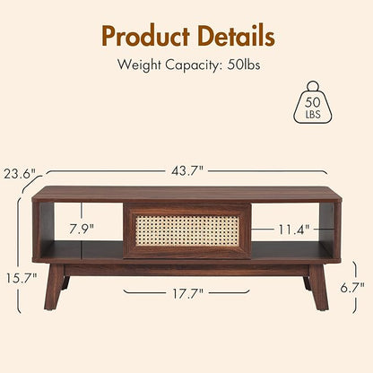 Soohow Coffee Table, Mid Century Living Room Tables with Storage, Modern Square with Rattan Drawer, Wooden Living Room Table with Solid Wood Leg