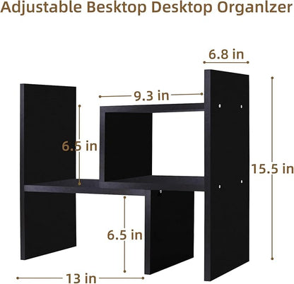 TY ARTS & CULTURE - Expandable Wood Desktop Storage Organizer Multipurpose Desk Bookshelf Case Display Shelf Rack Counter Top Bookcase for Office Home | Black