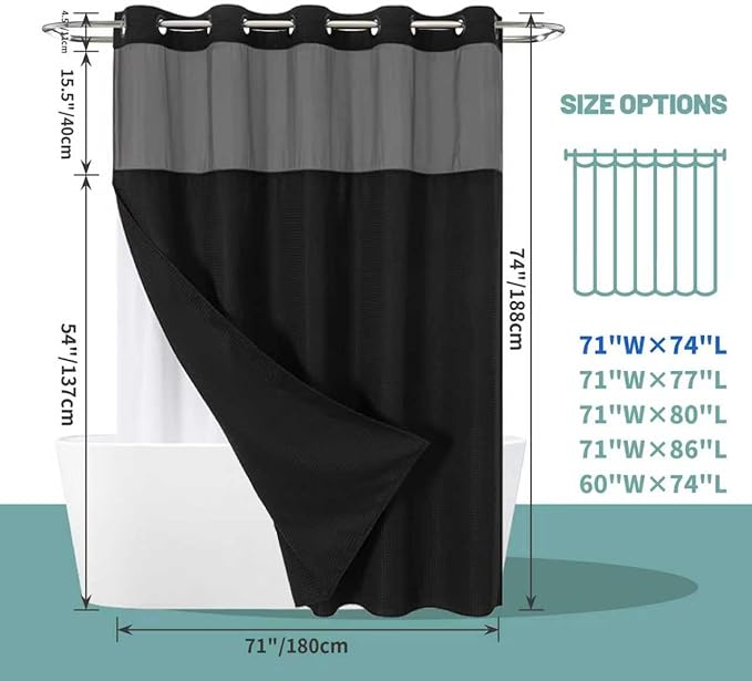 Black No Hook Waffle Weave Shower Curtain with snap-in Liner Replacement, 230GSM Waterproof Fabric Hotel Shower Curtain Set for Bathroom, Through Mesh Top Window,71Wx74H