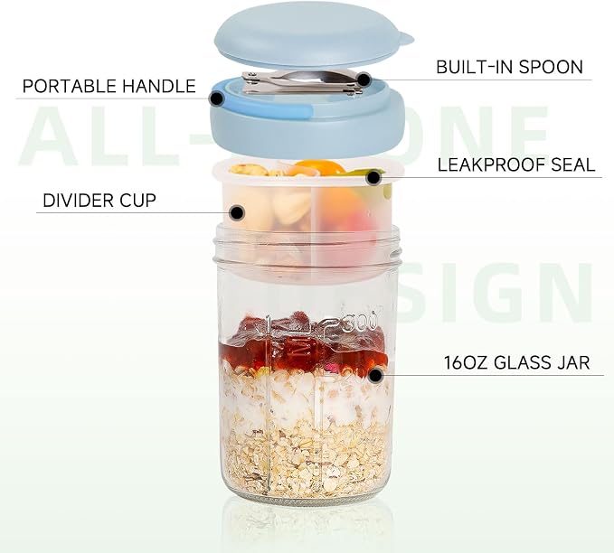 Overnight Oats Containers with Handles & Lids – 16oz Glass Mason Jars with Spoons & Fruit Compartments, Chia Pudding Jars with Lids, 2 Sets (Cream, Blue)