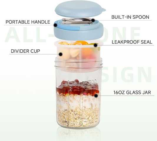 Overnight Oats Containers with Handles & Lids – 16oz Glass Mason Jars with Spoons & Fruit Compartments, Chia Pudding Jars with Lids, 2 Sets (Cream, Blue)