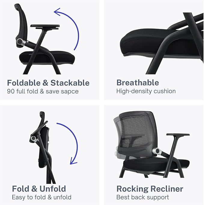 4 Pack Foldable Office Chairs with Wheels, Mesh Back, Arms and Portable - Folding Office Chairs for Conference Room Chair, Office Guest & Reception & Meeting Chair - (Black) 300 lbs.