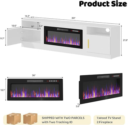 LEMBERI 80 Inch Fireplace TV Stand for TVs up to 90", 36" Electric Fireplace Entertainment Center with 20-Color LED, 300lbs Max Capacity Modern Wood Media Console Cabinet, White