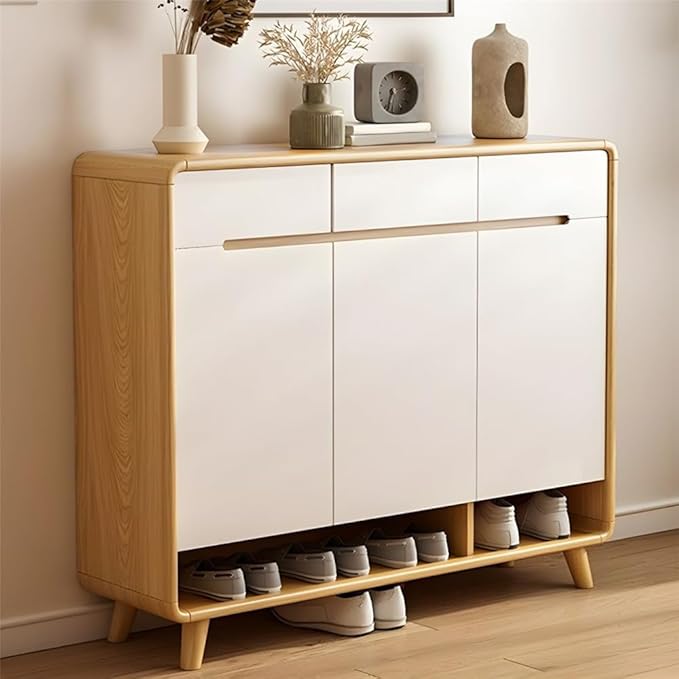 NIUYAO Shoe Storage Cabinet with 2 Drawers Solid Wood Morden Simple Style Free Standing Hidden Shoe Racks Organizer for Entrance Hallway Entryway -White Wood 33" L x 14" W x 40" H
