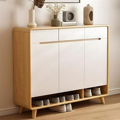 NIUYAO Shoe Storage Cabinet with 2 Drawers Solid Wood Morden Simple Style Free Standing Hidden Shoe Racks Organizer for Entrance Hallway Entryway -White Wood 33" L x 14" W x 40" H