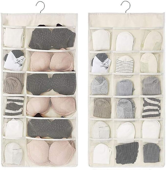Closet Hanging Organizer with Mesh Pockets & Rotating Metal Hanger,Dual Sided Wall Shelf Wardrobe Storage Bags,Oxford Cloth Space Saver Bag for Bra Underwear Underpants Socks (white)