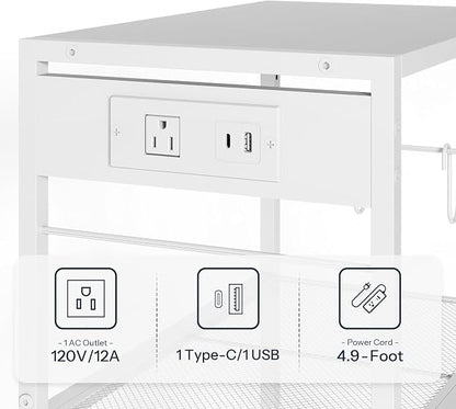 HOOBRO Industrial Printer Stand, 3-Tier Mobile Printer Table, Rolling Cart with Power Outlets and USB Ports, Home Printer Stand with 2 Hooks, for Office, Living Room, White WW22UPS01